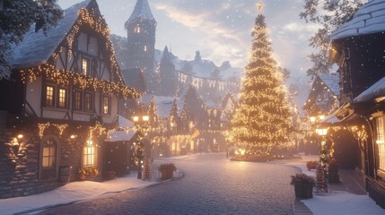 A snow covered Christmas village glows with festive lights