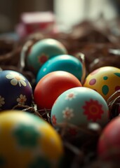 Easter eggs with bright colors in high angle close-up easter egg holiday illustration celebration easter