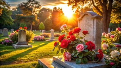 Elegant grave surrounded by vibrant roses in a serene garden setting, with the sun casting dappled shadows on the tombstone , grave markers, garden