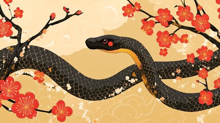 Obraz premium A striking black snake elegantly winds through vibrant red flowers on a golden background, symbolizing grace and beauty.
