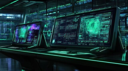 Obraz premium Futuristic Server Room Monitors Displaying Data Streams