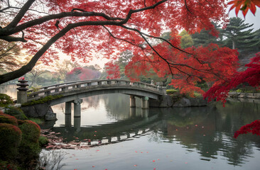 Obraz premium A serene landscape featuring a stone bridge over a tranquil waterway, framed by vibrant red autumn leaves.