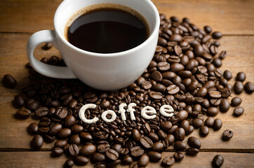 Fototapeta premium Hot coffee in a white cup surrounded by various roasted coffee beans on a wooden surface inviting a warm atmosphere