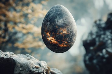 Mysterious floating egg surrounded by nature in a mystical setting