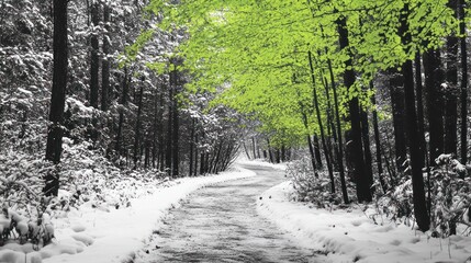 Fototapeta premium Snowy path winding through forest, spring arrives