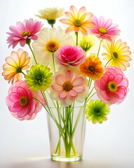 Obraz premium A vibrant bouquet of colorful flowers arranged in a clear vase, featuring a mix of pink, yellow, and green hues, creating a cheerful and lively atmosphere.