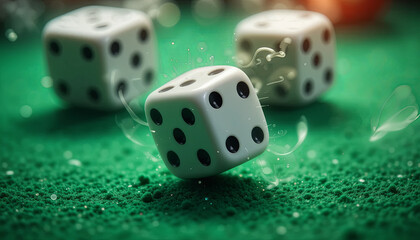 Three dice are seen mid-roll on a vibrant green felt surface, capturing the excitement of a game night filled with anticipation and friendly competition in a cozy setting