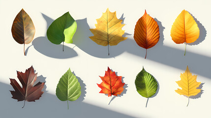 Obraz premium Different various top view flat lay autumn leaves collection, fall season foliage, png isolated on transparent background with shadow. Shadow Falls. Illustration