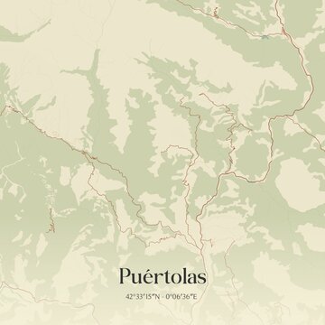 Retro Spanish map of Pu�rtolas, Arag�n. Vintage street map.