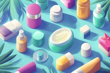 Fototapeta premium A colorful array of cosmetics and lotions are displayed on a blue background
