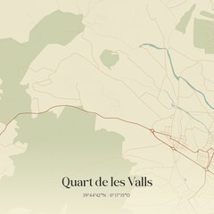 Retro Spanish map of Quart de les Valls, Comunidad Valenciana. Vintage street map.