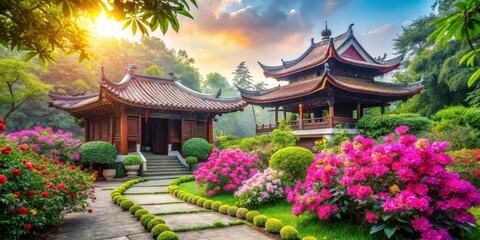 Fototapeta premium Serene temple surrounded by vibrant blooming flowers and lush greenery in a tranquil atmosphere amidst ancient architecture, nature, architecture