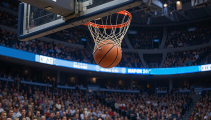 A basketball elegantly arcs through the air, aimed for the hoop during a thrilling match. The crowd cheers enthusiastically, creating an electrifying atmosphere in the arena
