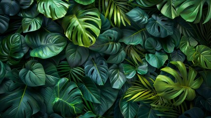 Naklejka premium A lush green jungle with many leaves and vines