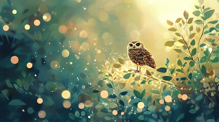 Fototapeta premium An owl perched on a tree branch, illuminated by a book of soft light filtering through the foliage