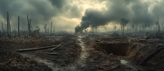 Desolate battlefield: smoke-filled sky, ravaged landscape, trench warfare aftermath.