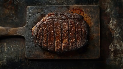 Fototapeta premium Perfectly seared steak on rustic wooden board.