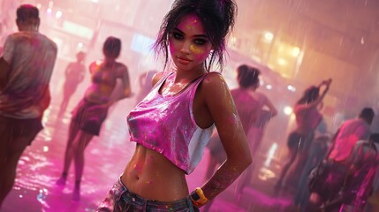 A young South Asian woman enjoys a vibrant celebration, covered in colorful powders amidst a lively crowd during a festival.