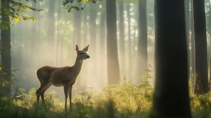 Majestic White-Tailed Deer Standing in Misty Forest at Dawn with Soft Sunlight Filtering Through Trees: Highlighting Grace and Solitude of Deer in Natural Habitat