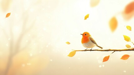   A bird perched atop a tree limb against a light backdrop as leaves swirl around it