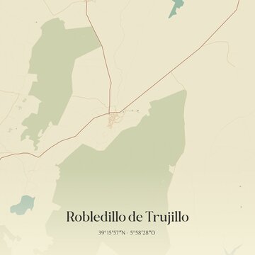 Retro Spanish map of Robledillo de Trujillo, Extremadura. Vintage street map.