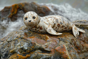 Obraz premium Spotted seal pup rests on a rocky outcrop by the sea.