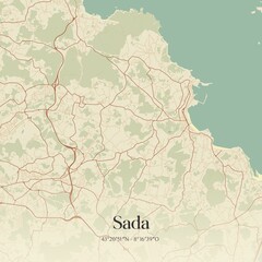 Retro Spanish map of Sada, Galicia. Vintage street map.