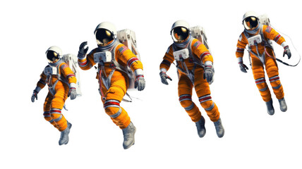 Group of astronauts in space suits, isolated on transparent background.