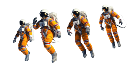 Group of astronauts in space suits, isolated on transparent background.