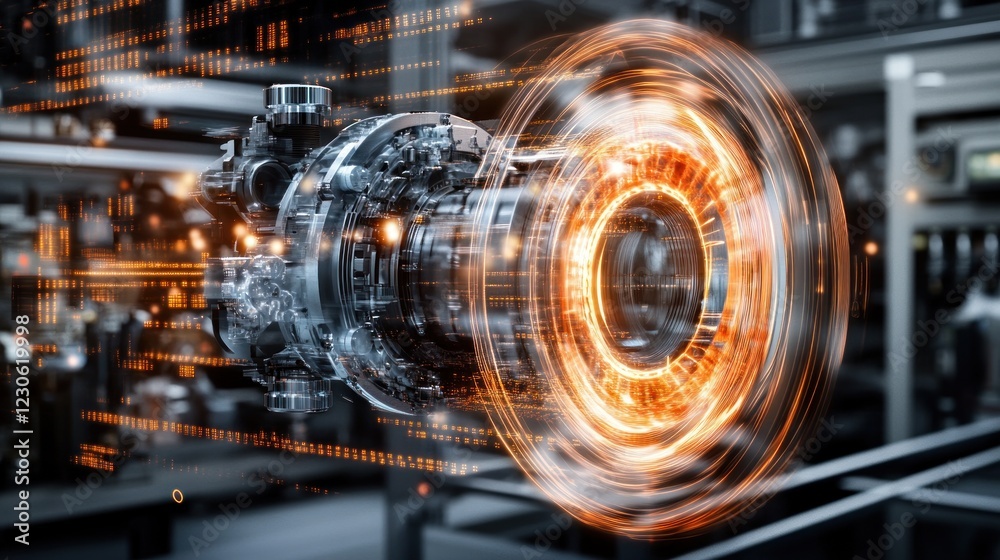 Poster Advanced Technology Machine Rotating with Glowing Energy