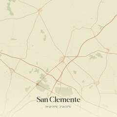 Retro Spanish map of San Clemente, Castilla-La Mancha. Vintage street map.