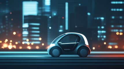 Fototapeta premium A small car is driving down a city street. The car is white and black. The street is lit up with lights