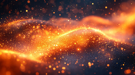 Abstract glowing particle lines and bokeh on dark backdrop conveying futuristic technology concept with minimalistic bright light tone blurred modern empty caption space on the side

