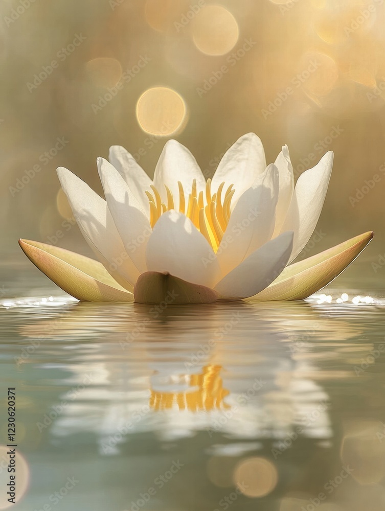 Leinwandbilder white lotus flower blossoming gracefully on tranquil water during golden hour with soft bokeh effect
