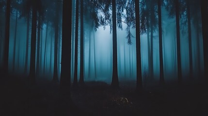 Obraz premium A mysterious dark forest covered in thick mist, with tall shadowy trees creating an eerie and quiet atmosphere.