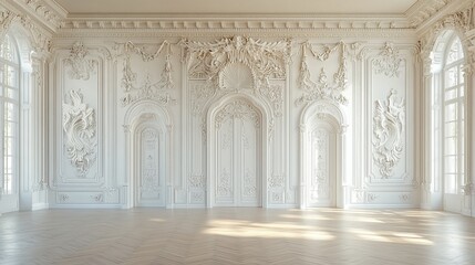 Obraz premium Bright room with white walls and wooden floor. The walls have fancy moldings, like the ones in palaces. This 3D illustration shows a home or office with elegant designs on the walls and floor.