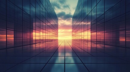 A breathtaking futuristic scene featuring glass walls reflecting a vibrant sunset horizon. This image captures depth, symmetry, and serene beauty, perfect for creative projects.
