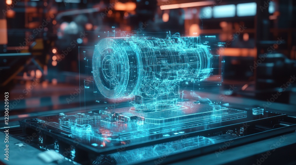 Poster holographic engine blueprint design in technological workspace