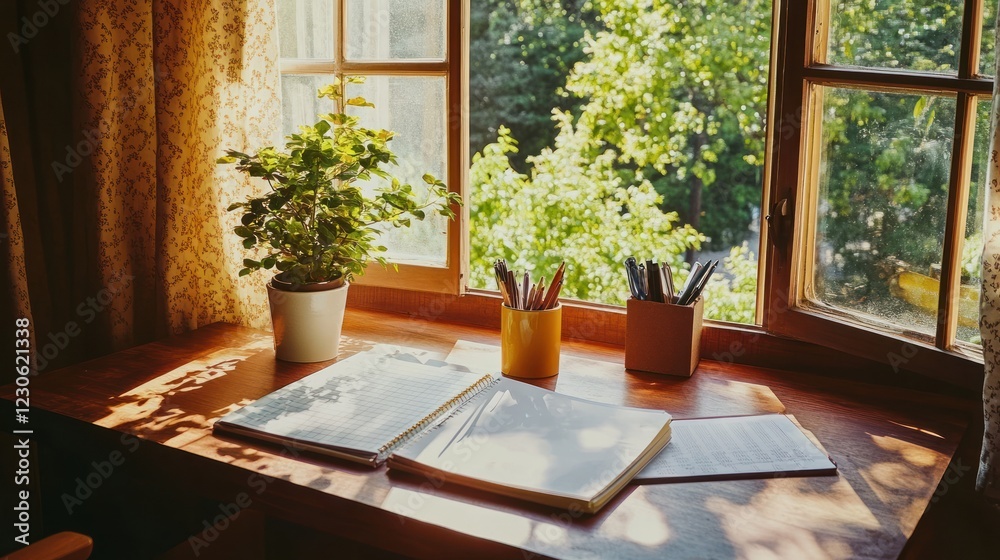 Poster sunny window workspace with notebooks and plants