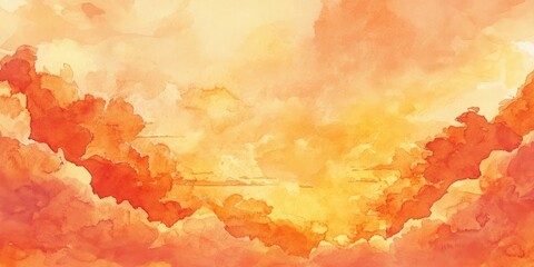 A stunning watercolor painting of a sunset sky with vivid orange and yellow clouds, evoking warmth and tranquility.