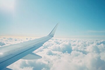 Plane wing over fluffy clouds with bright blue sky in clear weather during day. Generative AI