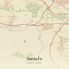 Retro Spanish map of Santa Fe, Andaluc�a. Vintage street map.