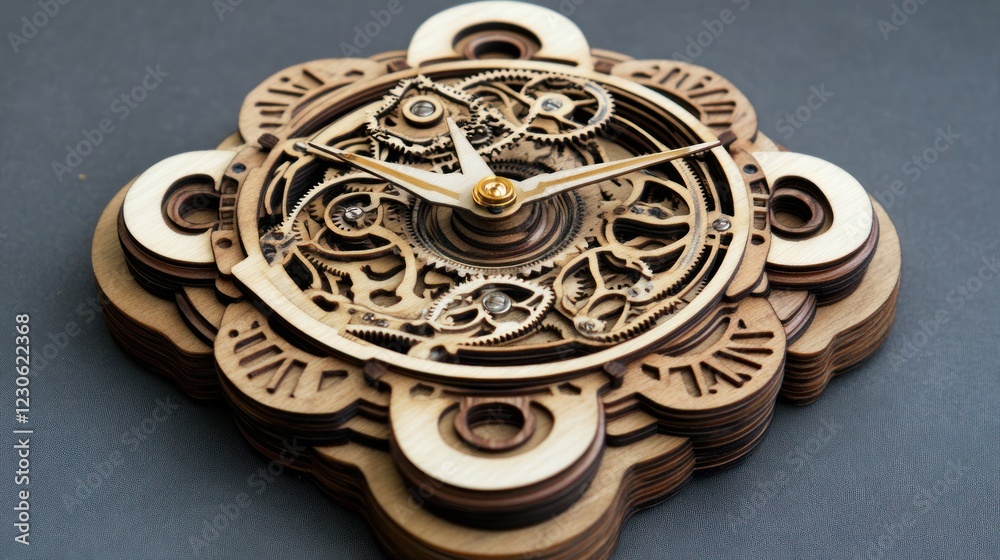 Poster intricate wooden clockwork mechanism display