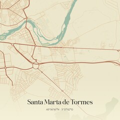 Retro Spanish map of Santa Marta de Tormes, Castilla y Le�n. Vintage street map.