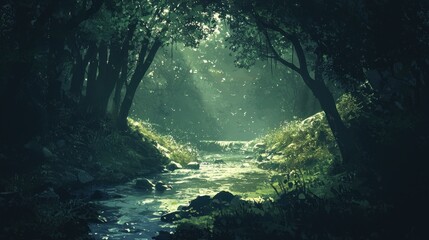 Obraz premium Sunlit stream flowing through lush green forest. (1)