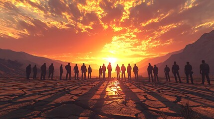 A group of farmers standing on parched land, looking skyward with hope as clouds gather faintly in the distance, golden hour lighting enhancing the emotional impact, highly detailed and realistic