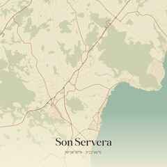 Fototapeta premium Retro Spanish map of Son Servera, Islas Baleares. Vintage street map.