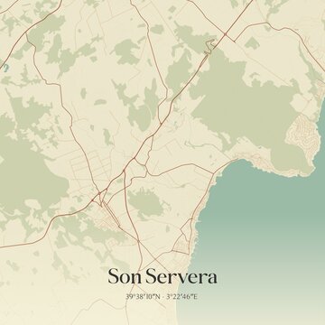 Retro Spanish map of Son Servera, Islas Baleares. Vintage street map.
