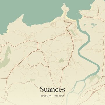 Retro Spanish map of Suances, Cantabria. Vintage street map.