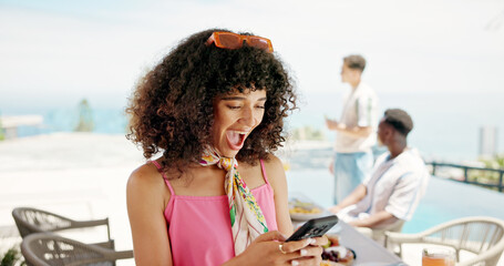Pool, surprise and woman with smartphone, travel and tourism with positive email. People, mobile...